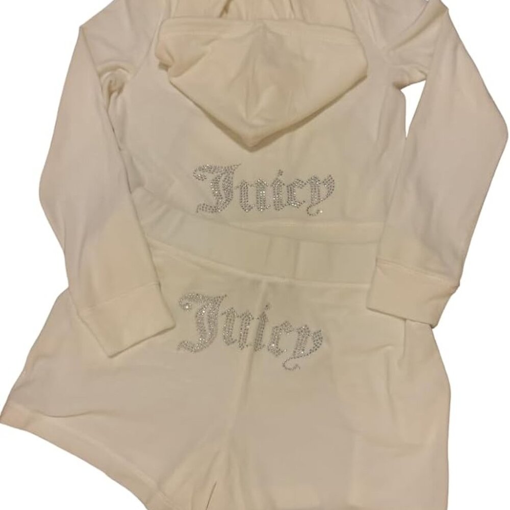 Juicy Couture Bling Velour Tracksuit Hoodie and Shorts Set Oyster